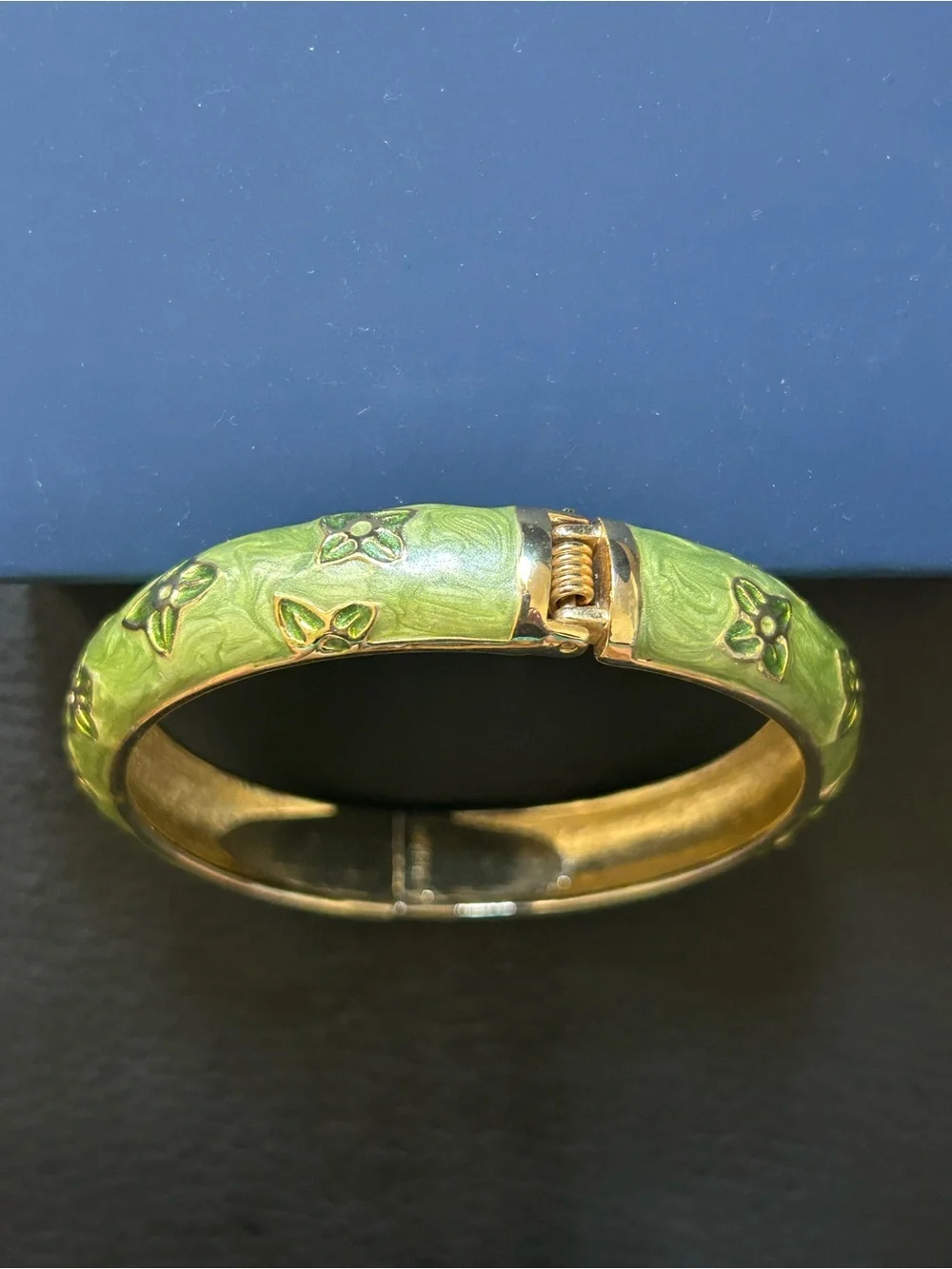 Vintage Green Enamel Gold-Tone Monogram Flower Hinged Bangle Bracelet
